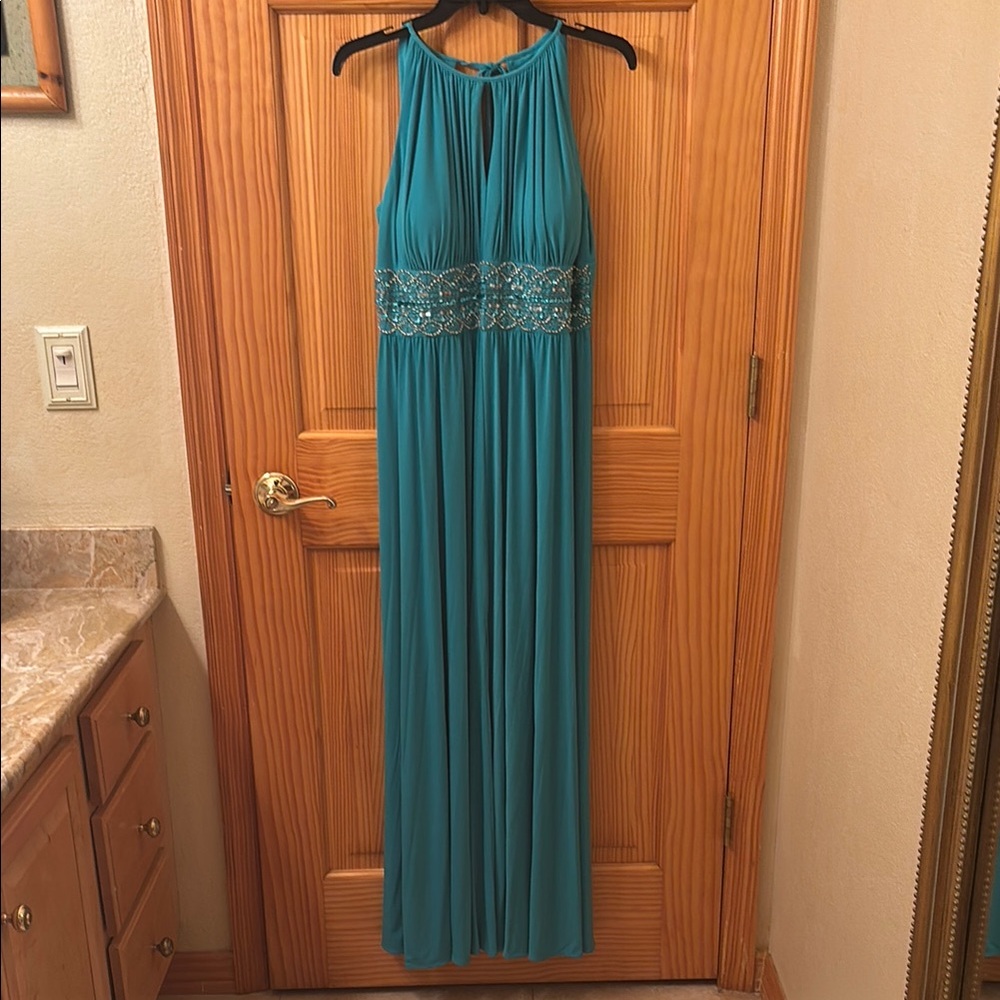 R & M Richards Blue Embellished Pleated Halter Gown